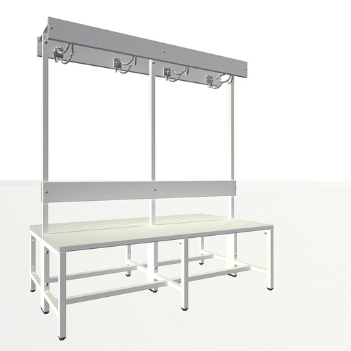 [050476] Banqueta para vestuario de lamas de plástico a 2 caras, con respaldo y perchero con 8 colgadores - Dim.: 1500x770x1600h mm - Gris ral 7035