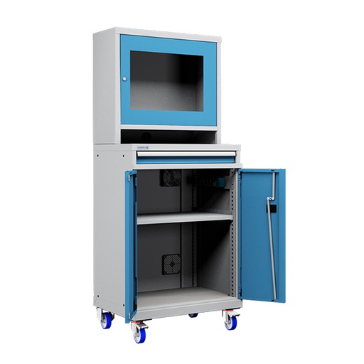 [050663] Armario con ruedas para protección de ordenadores para pantalla plana - Dim.: 717x595x1762h mm - Gris ral 7035 y azul ral 5012