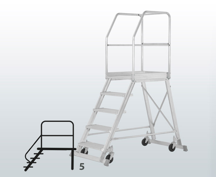 [050751] Escalera móvil con plataforma de acceso por un lado con barandillas - 5 escalones - Dim.: 1700x890x2200h mm - Aluminio