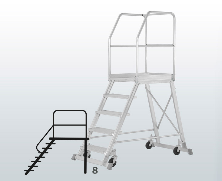 [050754] Escalera móvil con plataforma de acceso por un lado con barandillas - 8 escalones - Dim.: 2300x1200x2950h mm - Aluminio