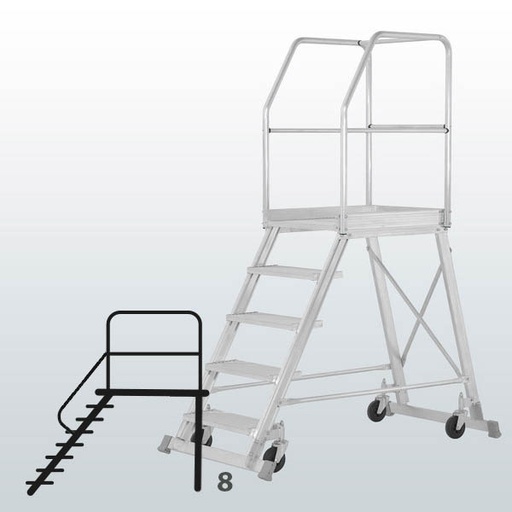 [050754] Escalera móvil con plataforma de acceso por un lado con barandillas - 8 escalones - Dim.: 2300x1200x2950h mm - Aluminio
