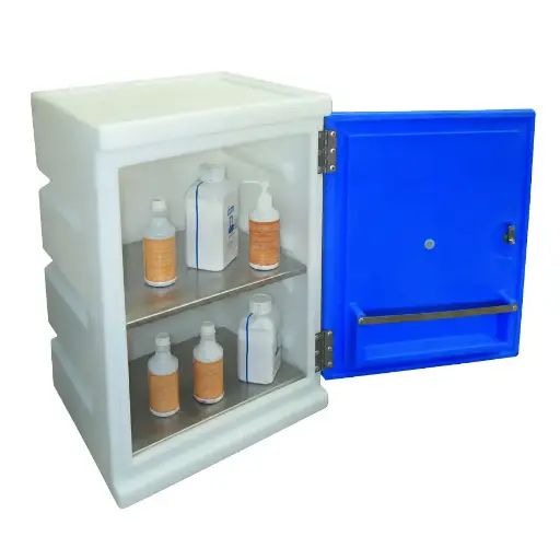 [050834] Armario plástico con puertas batientes y estantes interiores metálicos - Dim.: 600x470x850h mm - Blanco y azul