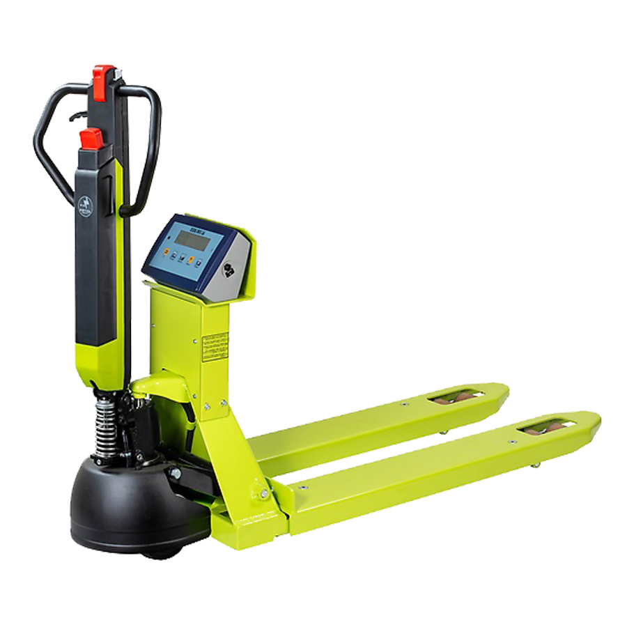 [049221] Transpaleta pesadora 1200 kg (con cargador) - movimiento eléctrico, elevación manual - Dim. palas: 1185x555 mm - Verde Pantone 382C