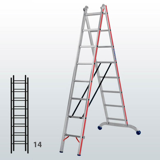 [012899] Escalera transformable de 2 tramos para uso profesional con 14 peldaños - Dim.: 960 x 60 x 4070h mm - Aluminio