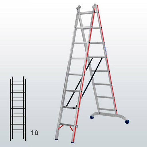 [012900] Escalera transformable de 2 tramos para uso profesional con 10 peldaños - Dim.: 960 x 60 x 2950h mm - Aluminio