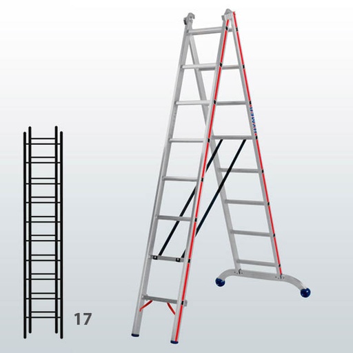 [012901] Escalera transformable de 2 tramos para uso profesional con 17 peldaños - Dim.: 960 x 66 x 4910h mm - Aluminio