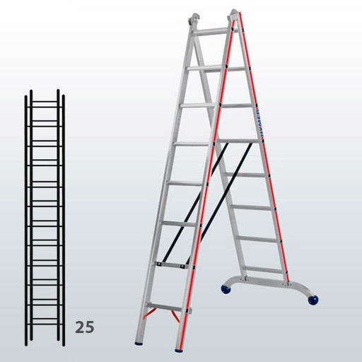 [012903] Escalera transformable de 2 tramos para uso profesional con 25 peldaños - Dim.: 1150 x 83 x 7160h mm - Aluminio