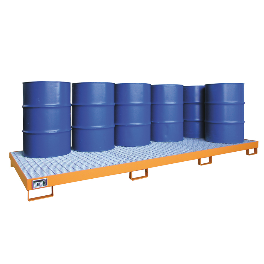 [014674] Cubeto de retención con rejilla para 10 bidones de 200 lts. - Cap.: 240 lts. - Dim.: 3250x1300x190h mm - Acero pintado