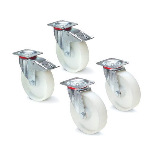 [014836] Juego de 4 ruedas de nylon (2 con freno) - Dim.: Ø200x50 mm - Carga x rueda 625 Kg