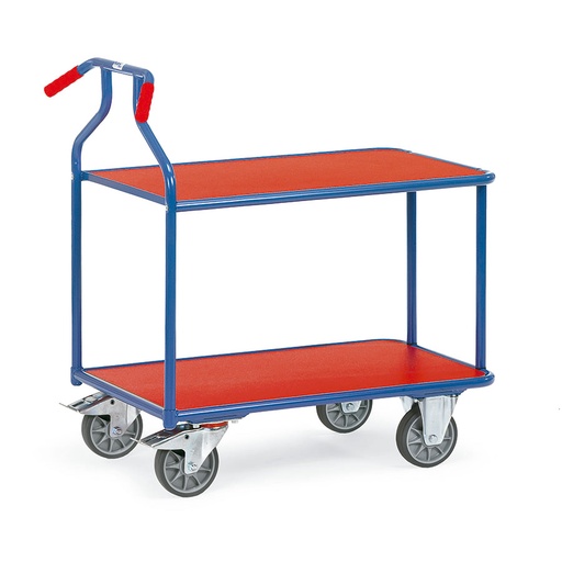 [014847] Carro para oficina y colectividades con plataforma y estante de plástico - Dim. plataforma 900x600 mm - Azul ral 5007 y rojo