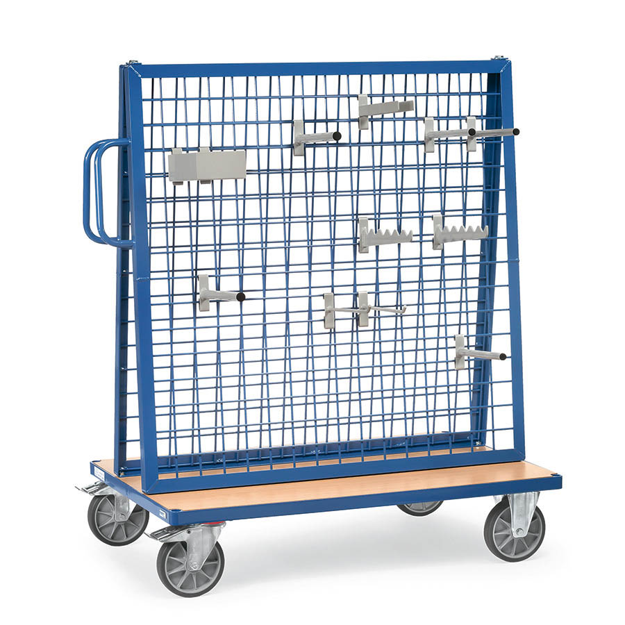 [014868] Carro expositor con paredes de malla para herramientas -  Dim. plataforma 1.200 x 800 mm - Azul ral 5007