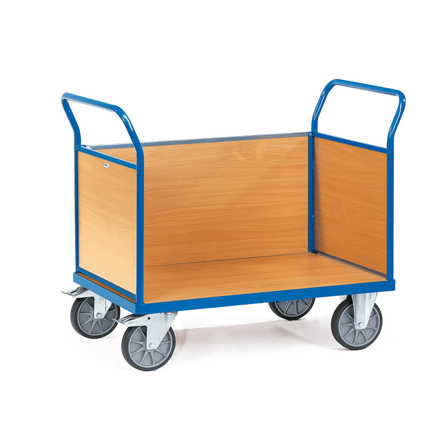 [014899] Carro de plataforma de madera con 3 paredes de madera - Dim. plataforma de madera 1.000 x 700 mm - Azul Ral 5007