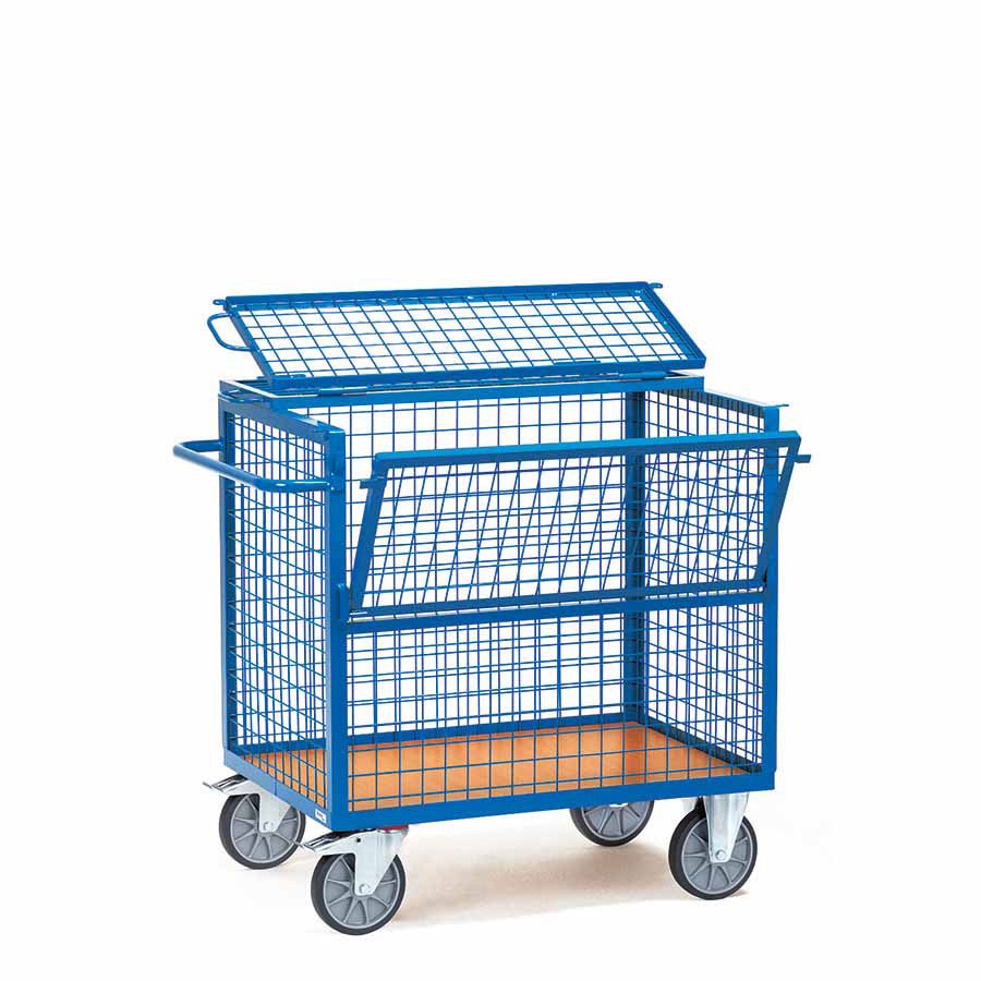 [015669] Carro protegido con paredes de malla y 2 puertas batientes - Dim. plataforma 1.000 x 700 mm - Azul ral 5007