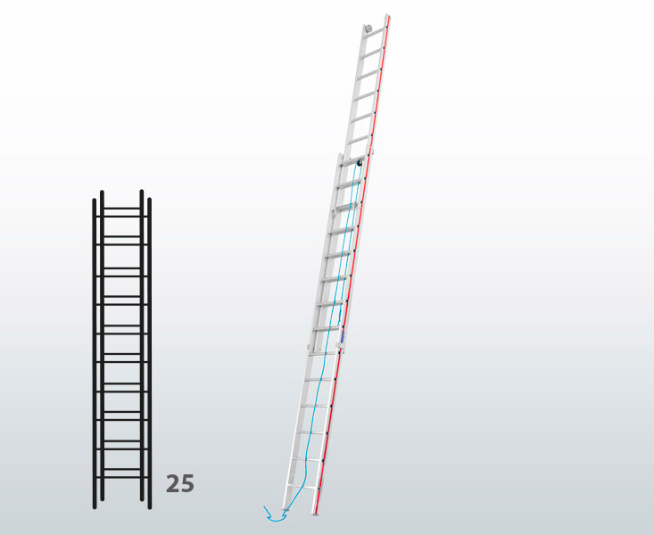 [015845] Escalera de dos tramos extensibles mediante cuerda para uso industrial con 25 peldaños - Dim.: 425 x 7180h mm - Aluminio