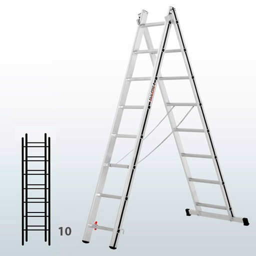[015856] Escalera transformable de 2 tramos para uso doméstico con 10 peldaños - Dim.: 605 x 60 x 2830h mm - Aluminio