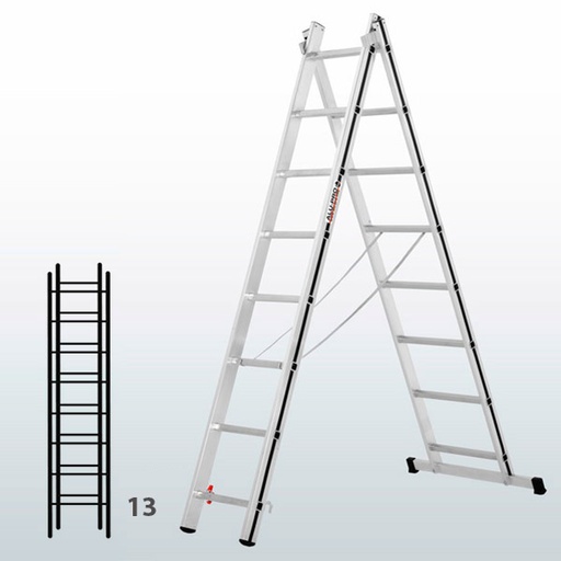 [015857] Escalera transformable de 2 tramos para uso doméstico con 13 peldaños - Dim.: 780 x 60 x 3670h mm - Aluminio