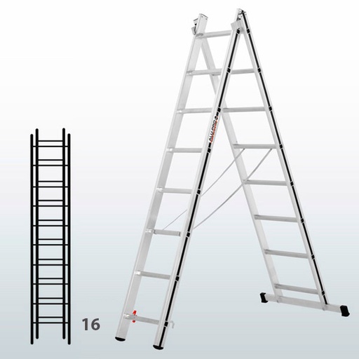 [015858] Escalera transformable de 2 tramos para uso doméstico con 16 peldaños - Dim.: 780 x 60 x 4510h mm - Aluminio