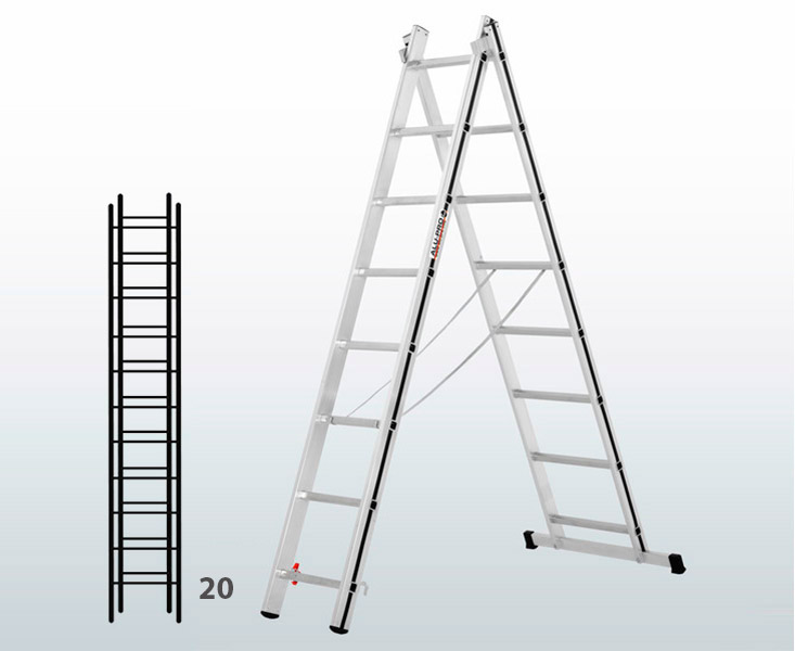 [015859] Escalera transformable de 2 tramos para uso doméstico con 20 peldaños - Dim.: 940 x 71 x 5630h mm - Aluminio