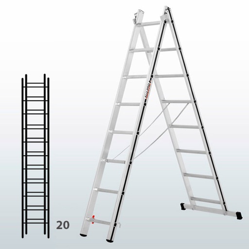 [015859] Escalera transformable de 2 tramos para uso doméstico con 20 peldaños - Dim.: 940 x 71 x 5630h mm - Aluminio