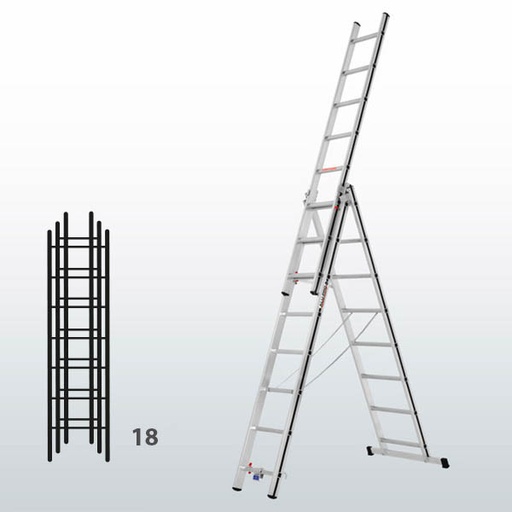[015861] Escalera manual transformable de 3 tramos para uso doméstico con 18 peldaños - Dim.: 845 x 71 x 5100h mm - Aluminio