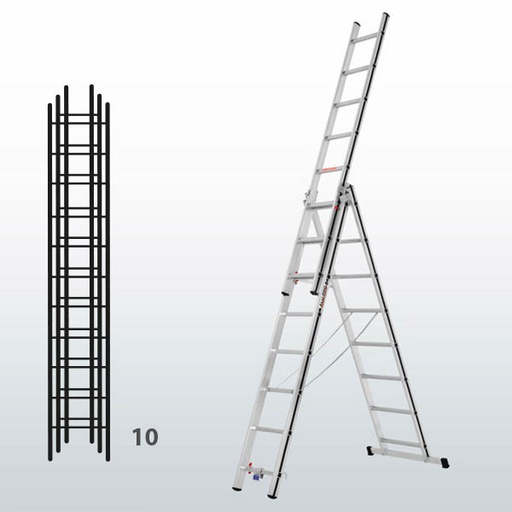 [015866] Escalera manual transformable de 3 tramos para uso doméstico con 28 peldaños - Dim.: 940 x 83 x 7880h mm - Aluminio