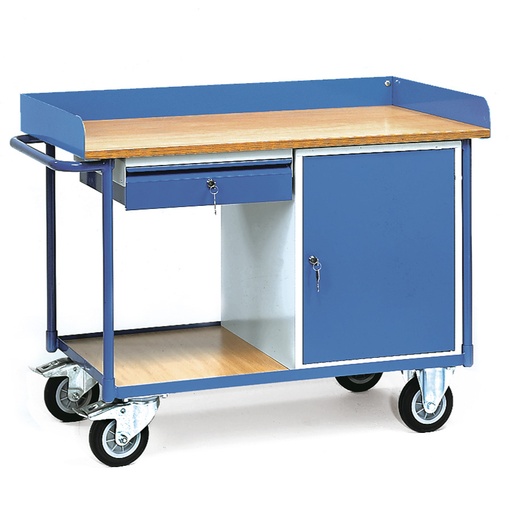 [015890] Carro de taller para herramientas con armario, estante y reborde superior - Dim. plataforma 1.120x650 mm - Gris ral 7035 y Azul ral 5007