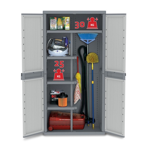 [016321] Armario de plástico con 2 puertas, hueco para escoba, 1 estante y 3 estantes pequeños - Dim.: 897x537x1800h mm - Gris
