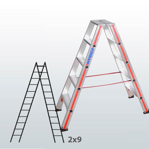 [016394] Escalera manual de tijera con acceso por 2 lados para uso experto con 2x9 escalones - Aluminio 