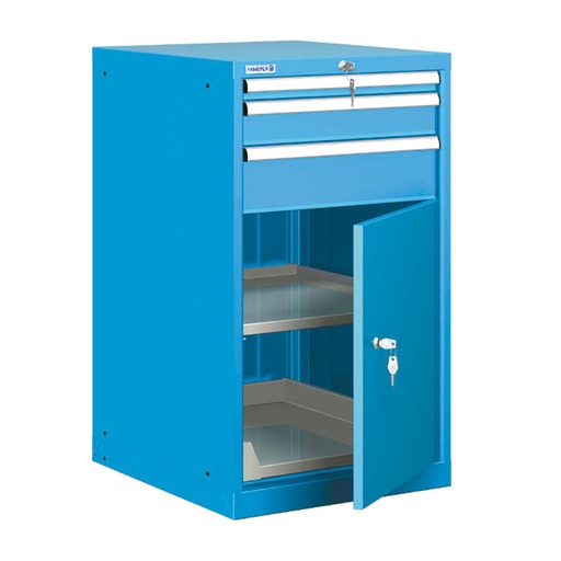 [021136] Cajonera metálica con 3 cajones, 1 estante extraíble, 1 estante ajustable y 1 puerta - Dim.: 564x572x1000h mm - Azul ral 5012