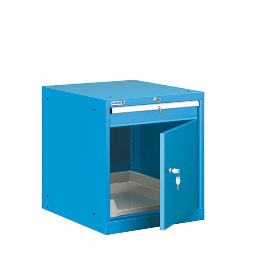 [021214] Cajonera metálica con 1 cajón, 1 estante extraíble y 1 puerta - Dim.: 564x725x650h mm - Azul ral 5012