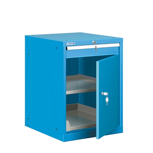 [021246] Cajonera metálica con 1 cajón simp., 1 estante ext., 1 estante ajust. y 1 puerta - Dim.: 564x725x800h mm - Azul ral 5012