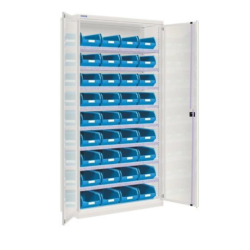 [022511] Armario metálico de puertas batientes con 8 estantes regulables y 36 cajas - Dim.: 1026x400x2000h mm - Gris ral 7035