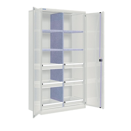 [022566] Armario metálico industrial con puertas, divisor, 4 estantes y 6 cajones telesc. - Dim.: 1026x555x2000h mm - Gris ral 7035