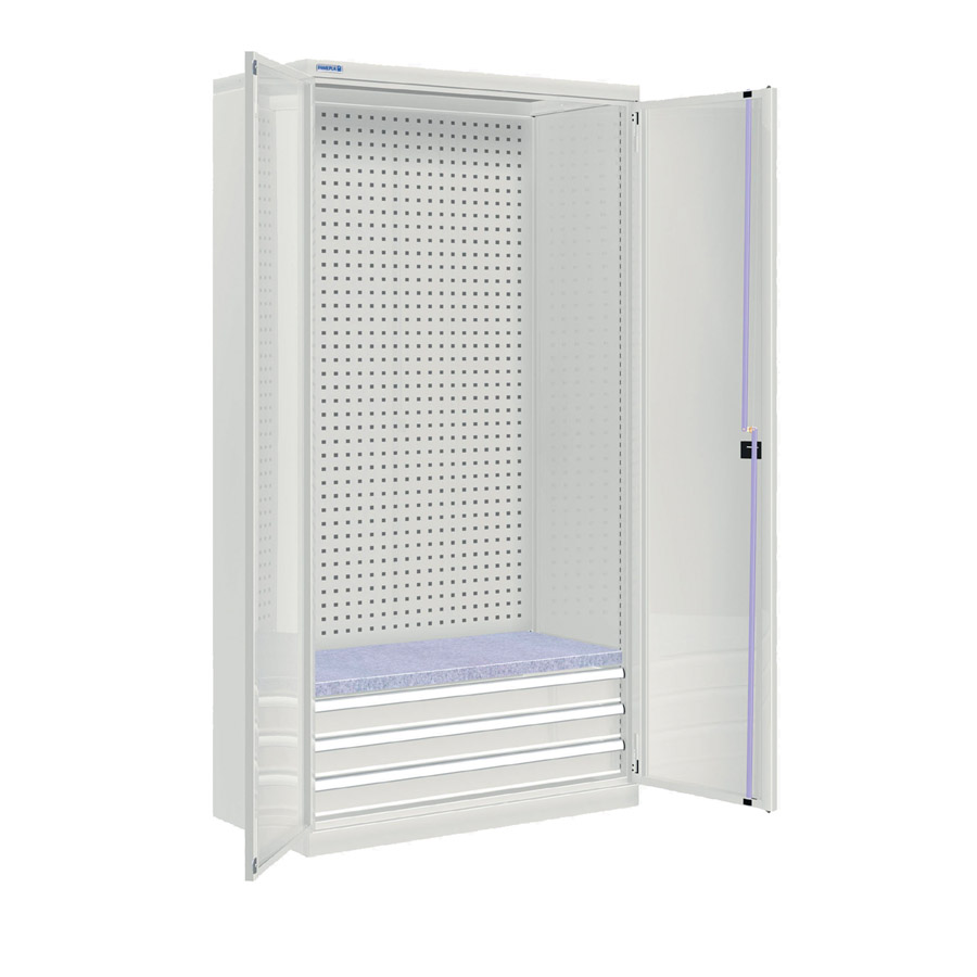 [022574] Armario metálico industrial con puertas, panel, 1 estante y 3 cajones telescóp. - Dim.: 1026x555x2000h mm - Gris ral 7035