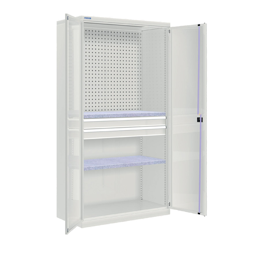[022578] Armario metálico industrial con puertas, panel, 2 estantes y 2 cajones telescóp. - Dim.: 1026x555x2000h mm - Gris ral 7035
