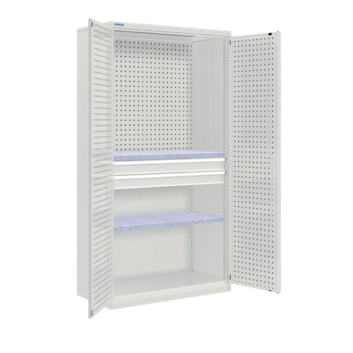 [022582] Armario metálico industrial con puertas, panel, 2 estantes y 2 cajones telescóp. - Dim.: 1026x555x2000h mm - Gris ral 7035