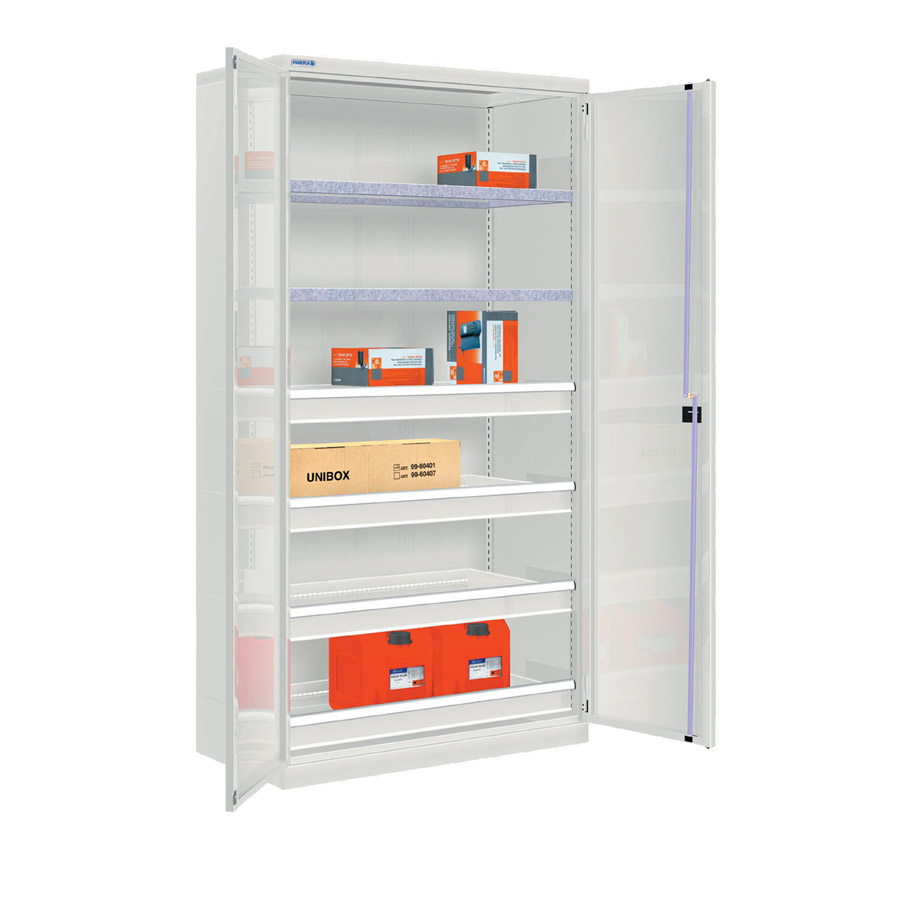 [022586] Armario metálico industrial con puertas, 2 estantes y 4 cajones simples - Dim.: 1026x555x2000h mm - Gris ral 7035