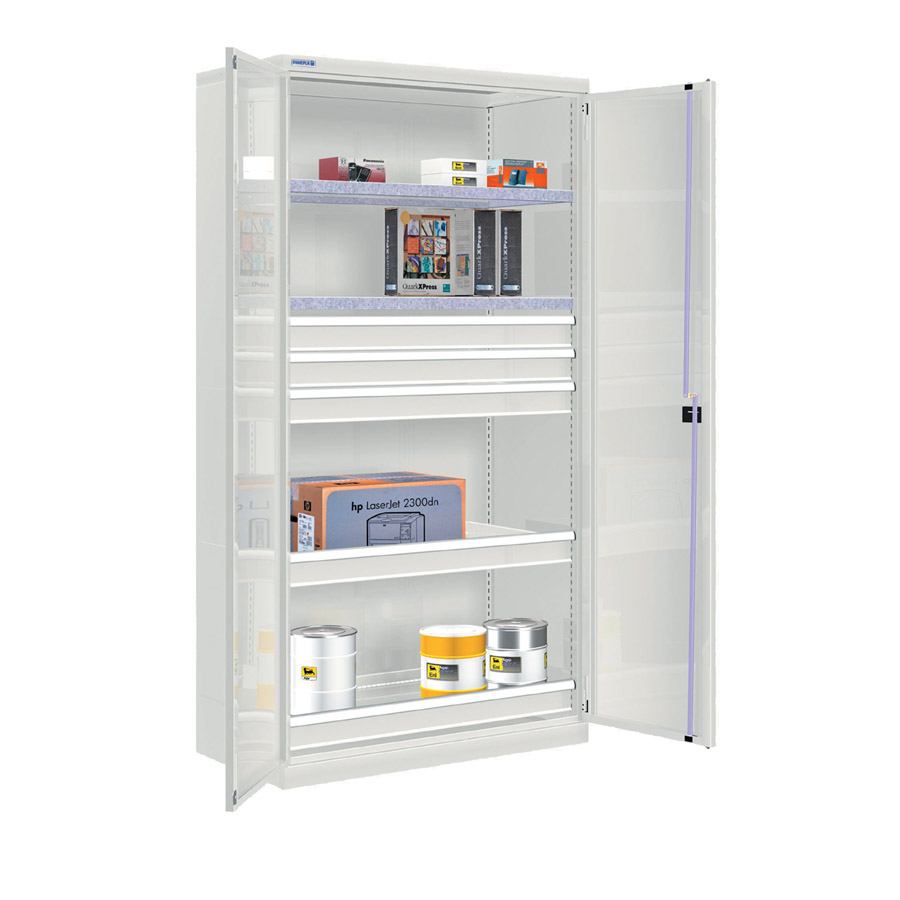 [022595] Armario metálico industrial con puertas, 2 estantes y 5 cajones telescópicos - Dim.: 1026x555x2000h mm - Gris ral 7035