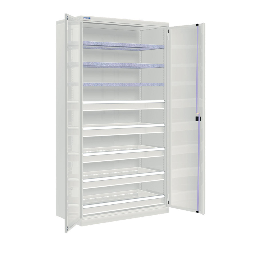 [022608] Armario metálico industrial con puertas, 3 estantes y 5 cajones telescópicos - Dim.: 1026x555x2000h mm - Gris ral 7035