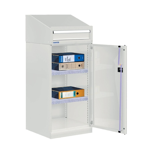 [022650] Armario metálico de puerta batiente con atril, 1 cajón de extracción simple y 2 estantes - Dim.: 512x555x1250h mm - Gris ral 7035