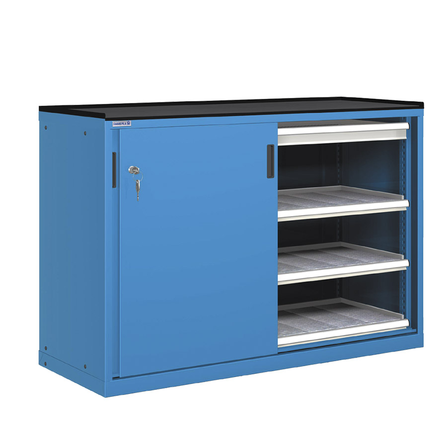 [022727] Cajonera de puertas correderas con 2 cajones y 6 estantes de extracción simple - Dim.: 1431x627x1020h mm - Azul ral 5012