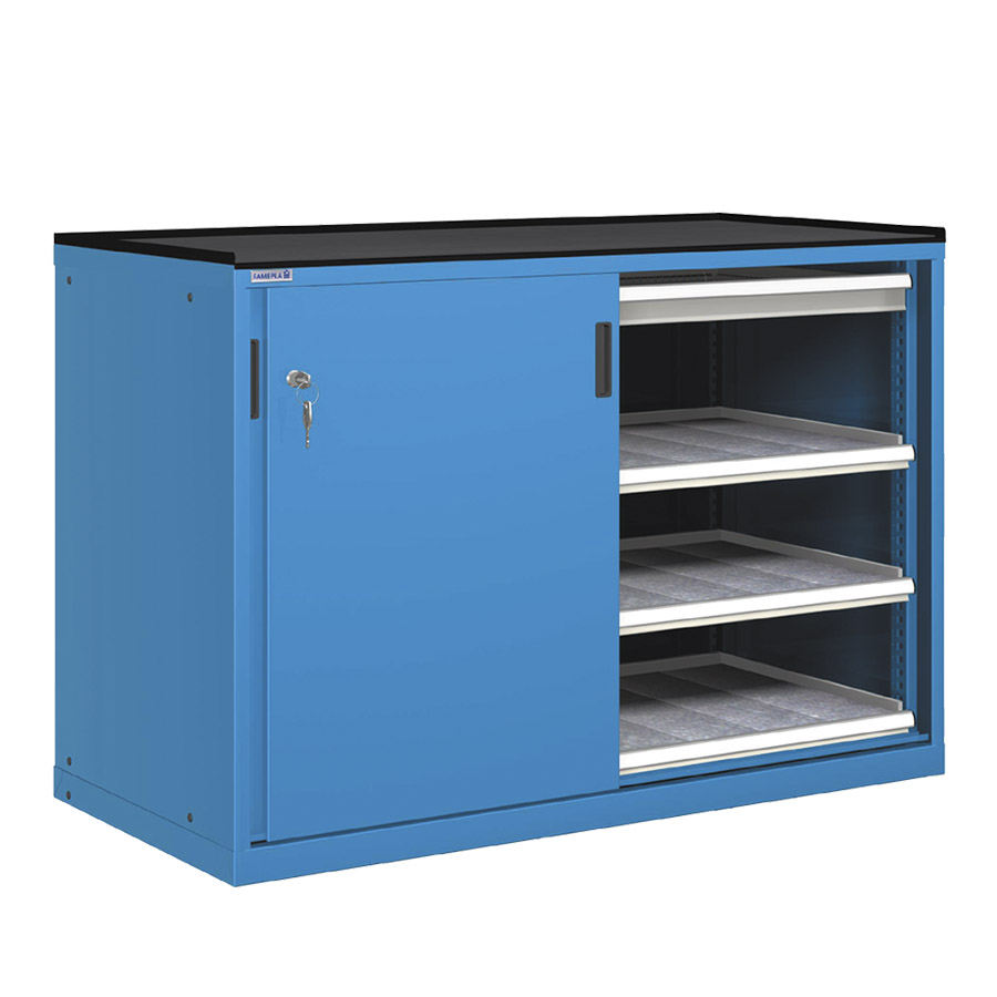 [022793] Cajonera de puertas correderas con 2 cajones y 6 estantes de extracción simple - Dim.: 1431x780x1020h mm - Azul ral 5012