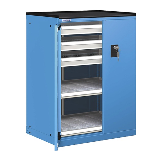 [022869] Cajonera de puertas batientes con 3 cajones y 2 estantes de ext. simple - Dim.: 717x595x1020h mm - Azul ral 5012