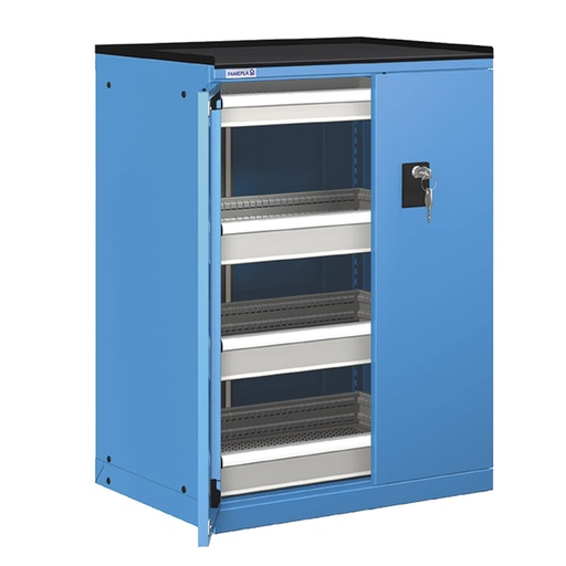 [022887] Cajonera de puertas batientes con 4 cajones de extracción telescópica- Dim.: 717x595x1020h mm - Azul ral 5012