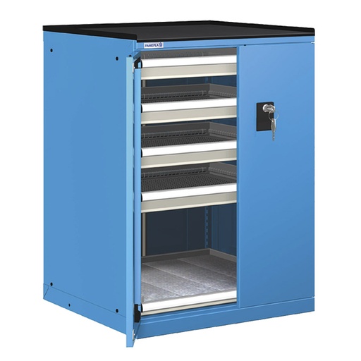 [022967] Cajonera de puertas batientes con 4 cajones telescópica y 1 estante telescópica - Dim.: 717x748x1020h mm - Azul ral 5012