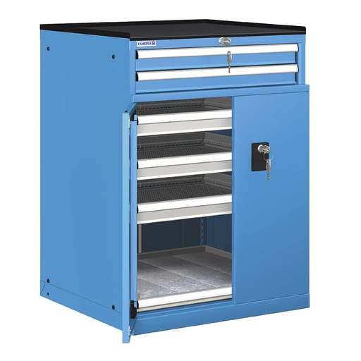 [022977] Cajonera de puertas batientes y cajones con 5 cajones y 1 estante de ext. simple - Dim.: 717x748x1020h mm - Azul ral 5012