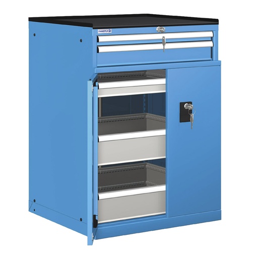 [022990] Cajonera de puertas batientes y cajones con 5 cajones de extracción telescópica - Dim.: 717x748x1020h mm - Azul ral 5012