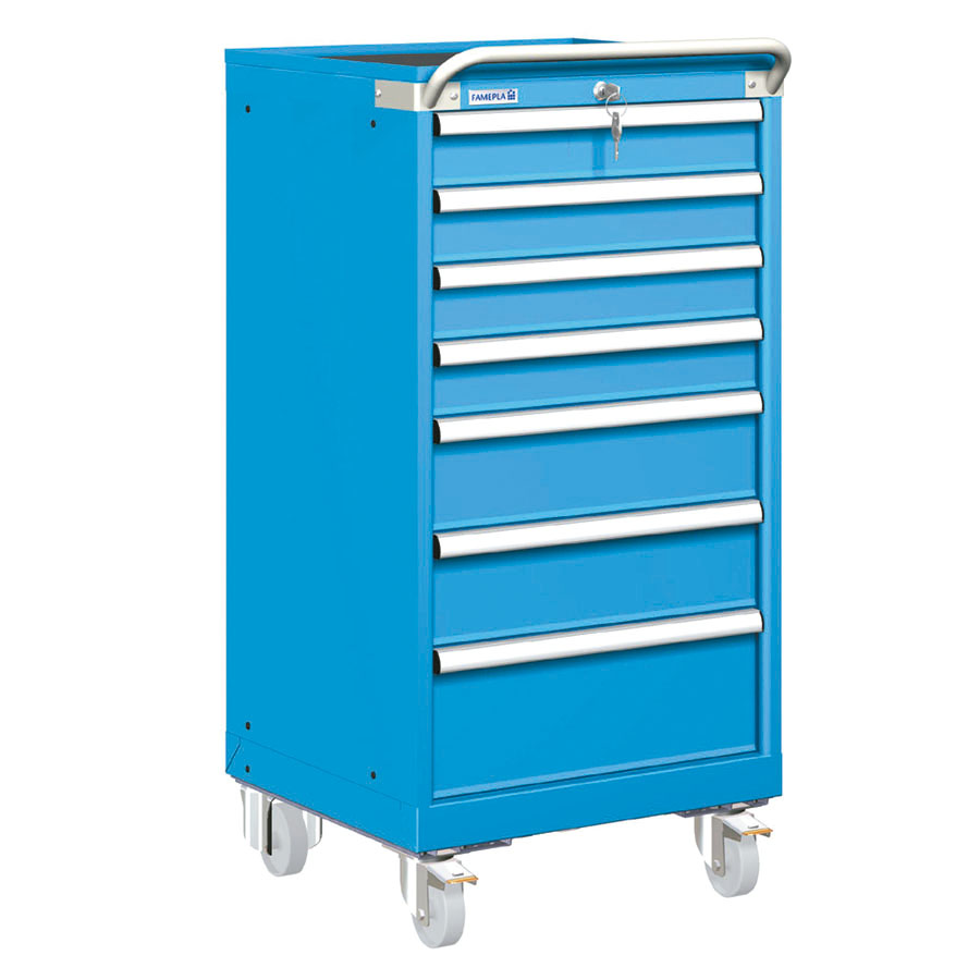 [023382] Carro cajonera móvil porta herramientas con 7 cajones - Dim.: 557x627x1172h mm - Ruedas Ø100 mm nylon - Azul ral 5012
