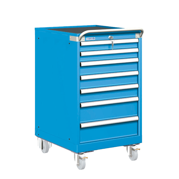 [023442] Carro cajonera móvil porta herramientas con 7 cajones - Dim.: 572x780x1022h mm - Ruedas Ø100 mm nylon - Azul ral 5012