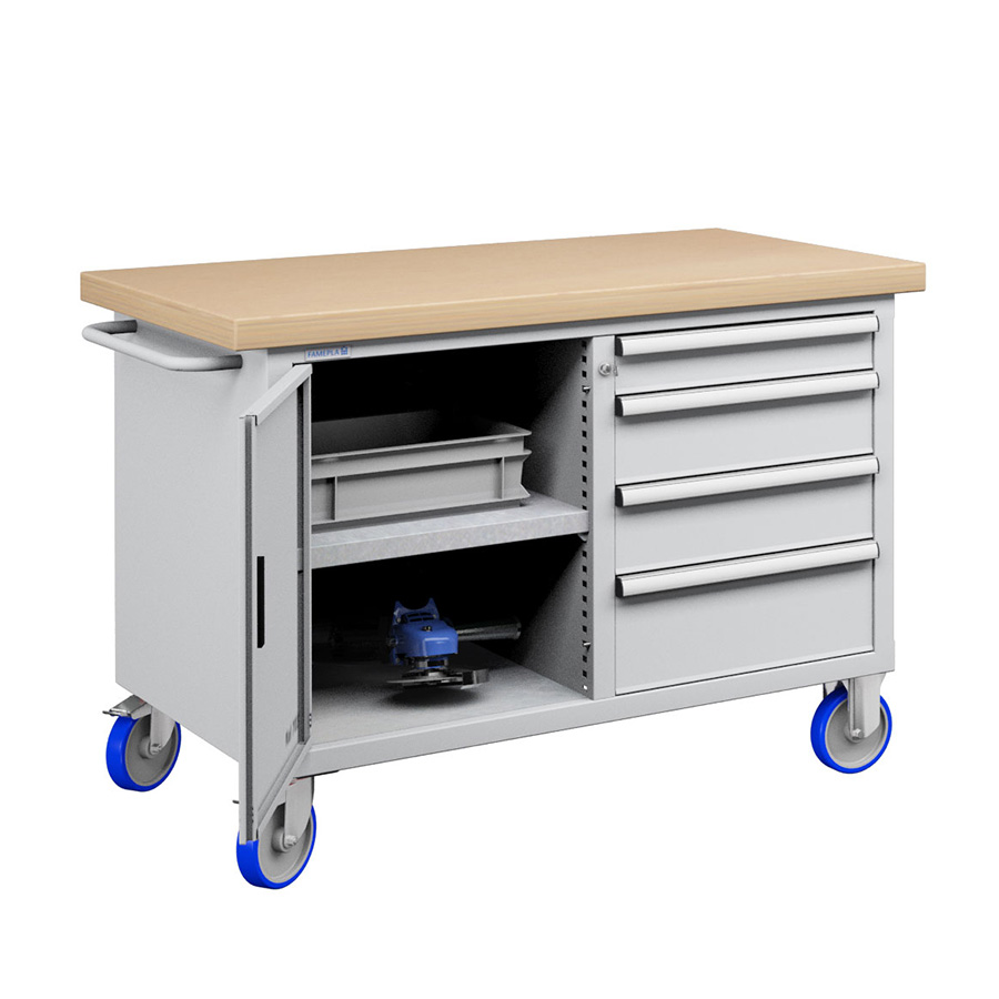 [023628] Banco móvil compacto con encimera de haya, 4 cajones, puerta y estante - Dim.: 1315x750x908h mm - Gris ral 7035